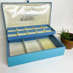 VINTAGE BUXTON Powder Blue Decorative Jewelry Box with White Design